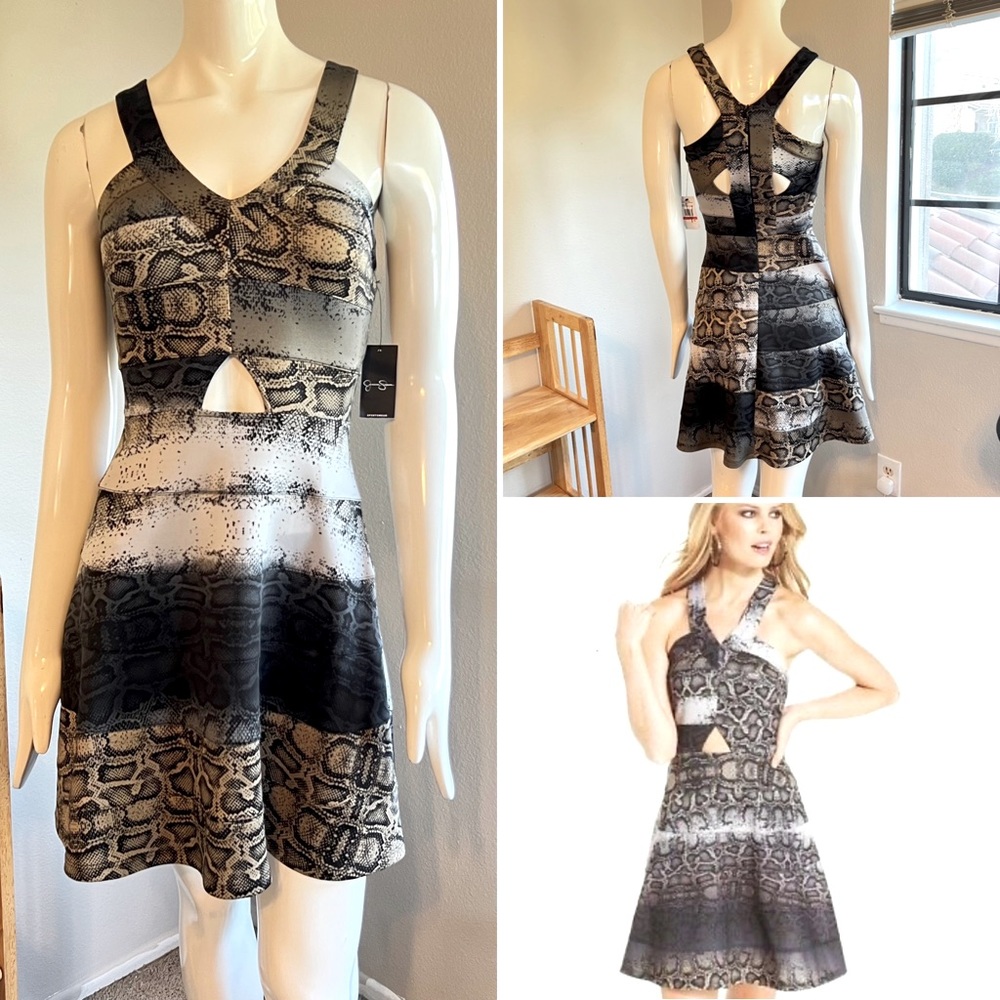 NWT-Jessica Simpson-SEXY-Mixed Reptilian Print Scuba Dress w/ CUTOUTS-Sz XS